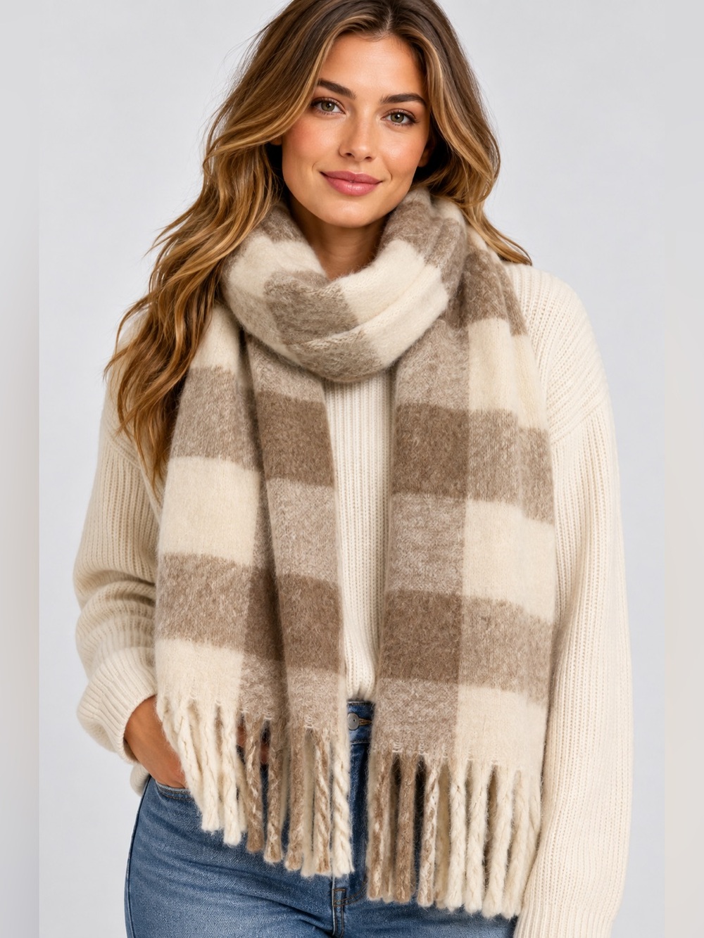 Universal Thread Plaid Scarf Cream Beige Taupe NWT